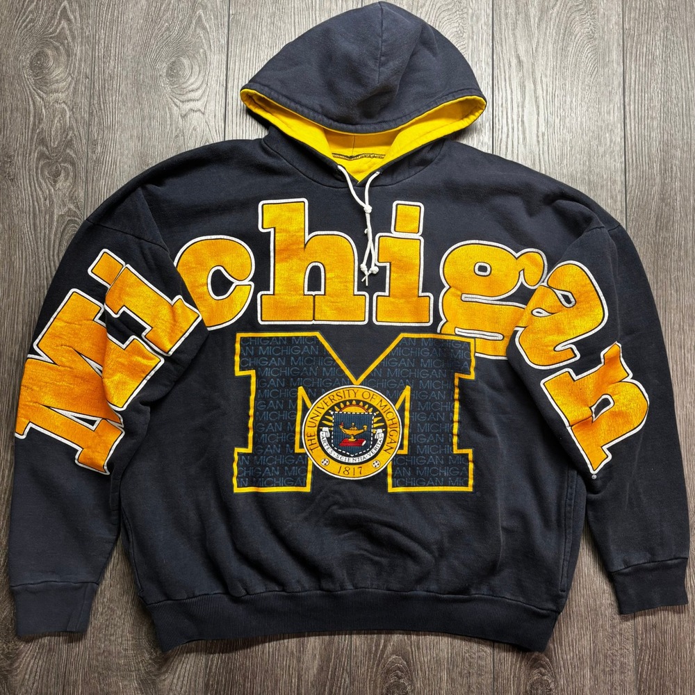 Vintage Michigan Wolverines Sleeve Hoodie Navy Yellow Large Puff Calhoun 90s